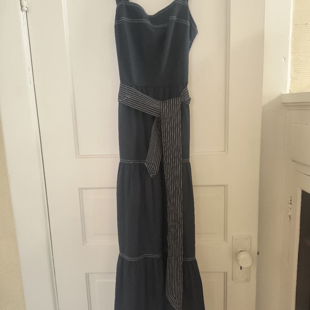 Caroline Constas Navy Dress Ruffled Bib Belted Midi/Maxi - Picture 3 of 10